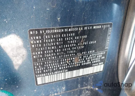 2018 Volkswagen Tiguan 2.0T S z USA, uszkodzony, nr VIN 3VV0B7AX3JM096236